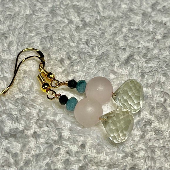 💚💖genuine green amethyst, Rose quartz and gold over sterling earrings-NWT - Picture 4 of 7